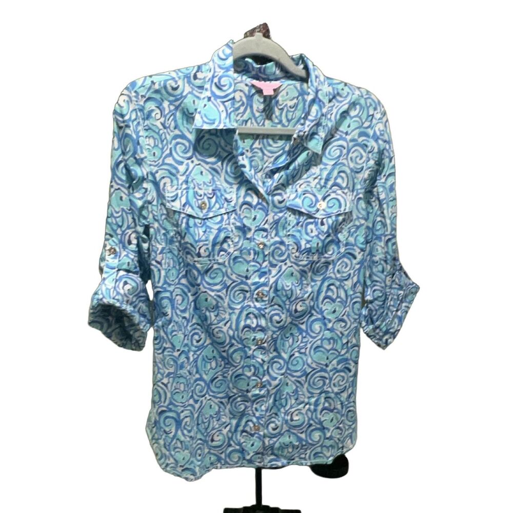 Lilly Pulitzer Women's Button Down Shirt Size 8 Blue Multicolor 3/4 Sleeve